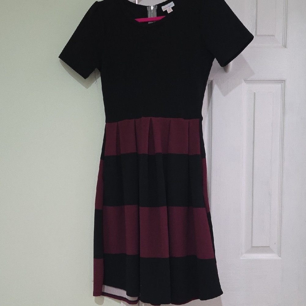 LuLaRoe Black and Burgundy Striped Midi Dress